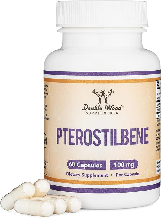 Pterostilbene Supplement 100mg Capsules (Third Party Tested) 60 Capsules, Superior to Resveratrol, Antioxidant for Longevity Support (Non-GMO, Gluten Free) by Double Wood