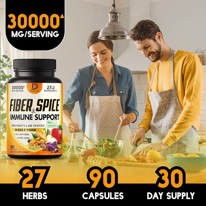 27in1 Fiber and Spice Supplement 30000Mg - Combined with Organic Psyllium, Whole Apple, Elderberry & more - Support Mood, Body & Immunity - 90 Capsules for 1 Month