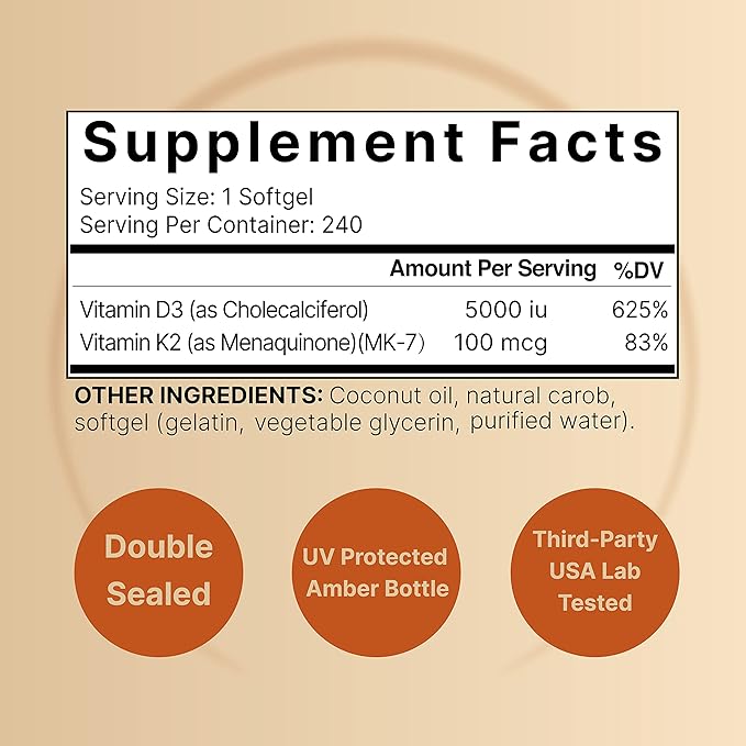 NatureBell Vitamin D3 5000 K2 (MK7) with Virgin Coconut Oil, 240 Softgels, 100mcg, 2 in 1 Support, Duo-Ack | 8 Months Supply | Third Party Tested, Non GMO & No Gluten