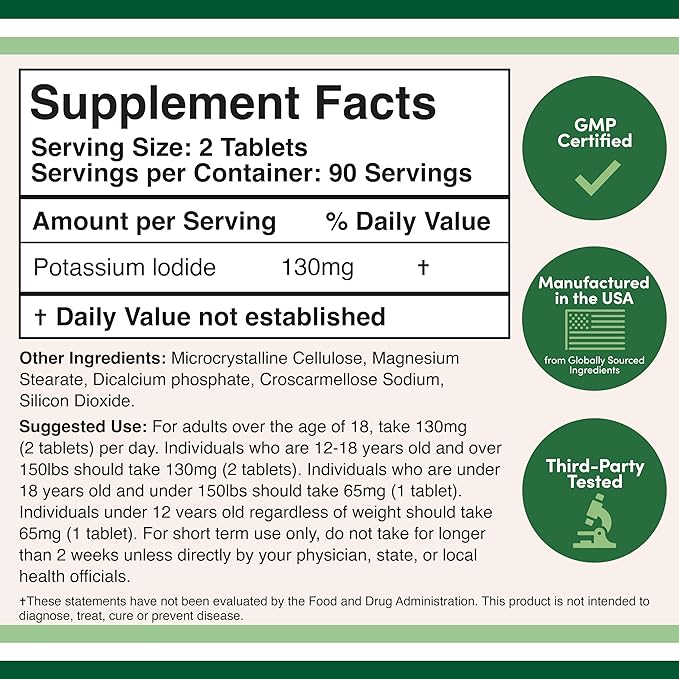 Potassium Iodide 130mg Tablets - Emergency Use for Exposure - 180 Count, 3 Month Supply - Double Wood Supplements