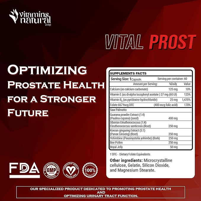 Vitamins Natural - Vital Prost - Saw Palmetto and Yohimbine for Prostate Health, Urinary Support, Energy Boost, Balance Hormone Levels - Natural Dietary Supplement for Men (60 Capsules)