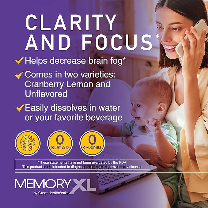 MemoryXL, Magnesium L-Threonate: Brain Supplement for Memory & Focus; Magtein®, Phosphatidylserine, Vitamin Mix. Improves Memory Focus Attention Learning & Logic. 0 Sugar, 0 cal, 30pk Cranberry Lemon