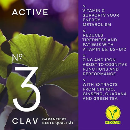 CLAV® N°3 Vitality Support - Vegan Multivitamin - Energy & Focus Supplement - Vitamin B Complex - Guarana, Ginseng, Ginkgo Extract - 60 Capsules - 1 Month