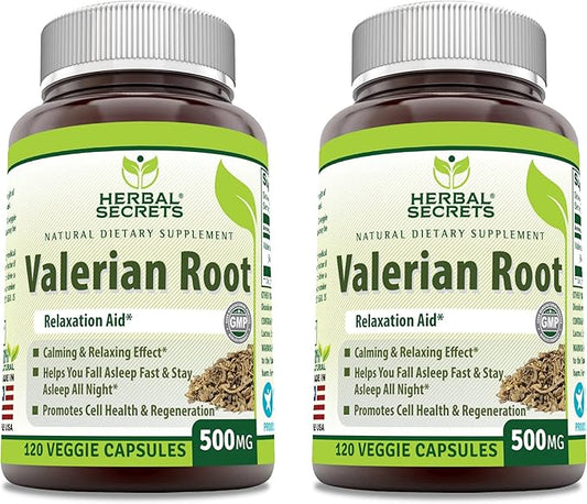 Herbal Secrets Valerian Root 500 Mg Veggie Capsules (Non-GMO)- Relaxation Aid* - Calming & Relaxing Effect, Promotes Cell Health & Regeneration* (120 Count (2 Pack))