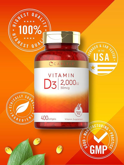 Carlyle Vitamin D3 2000IU Softgels | 400 Count | Non-GMO, Gluten Free Formula | 50 mcg | Vitamin D Supplement