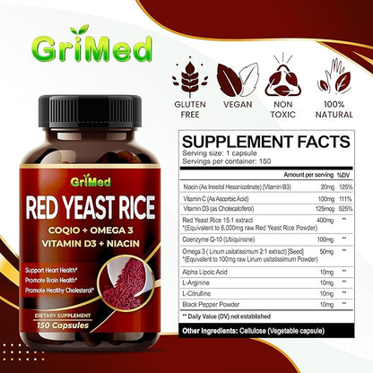 Organic Red Yeast Rice 6,560mg with CoQ10, Omega 3, Vitamin D3, Niacin - Non-GMO, Made with US (90 Count (Pack of 1))