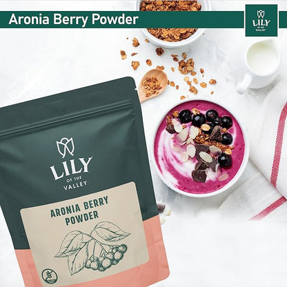 Lily of the Valley Aronia Berry Powder - Ideal for Smoothies & Shakes - Superfood Berry - High in Flavonoids - Water Soluble - Vegan & Gluten-Free - Packed in Resealable Pouch (4oz, 113g)