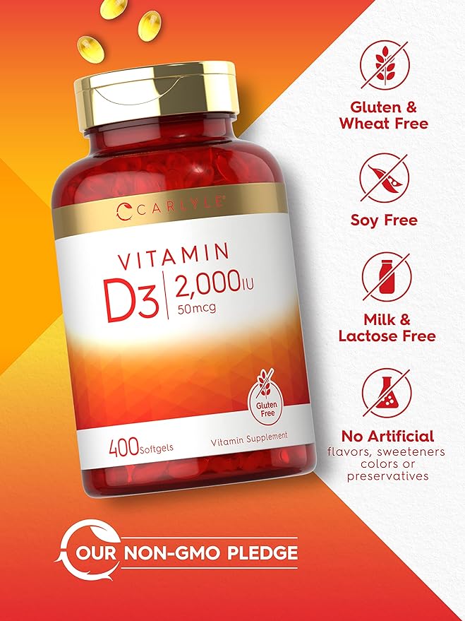 Carlyle Vitamin D3 2000IU Softgels | 400 Count | Non-GMO, Gluten Free Formula | 50 mcg | Vitamin D Supplement