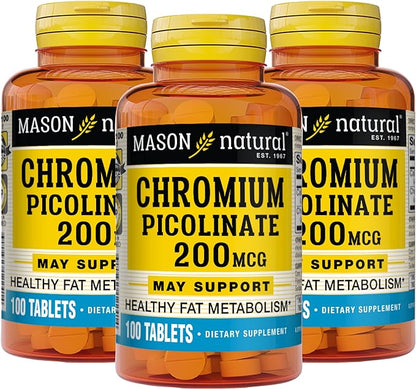 Mason Natural Chromium Picolinate 200 mcg with Calcium - Healthy Metabolism, for Overall Health, 100 Tablets (Pack of 3)