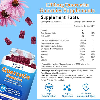 Quercetin Gummies for Kids, Adults Women Men, 1200mg Organic Quercetin with Bromelain Elderberry Vitamin C Zinc Echinacea Immune Support Supplement, Mixed Berry Flavor, 60Ct