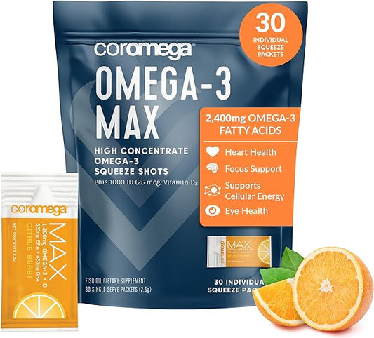 Coromega MAX High Concentrate Omega 3 Fish Oil, 2400mg Omega-3s with 3X Better Absorption Than Softgels, 30 Single Serve Packets, Citrus Burst Flavor; Supplement with Vitamin D