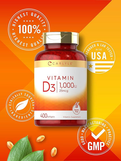 Carlyle Vitamin D3 1000 IU | 400 Softgels | Non-GMO and Gluten Free Formula | 25 mcg