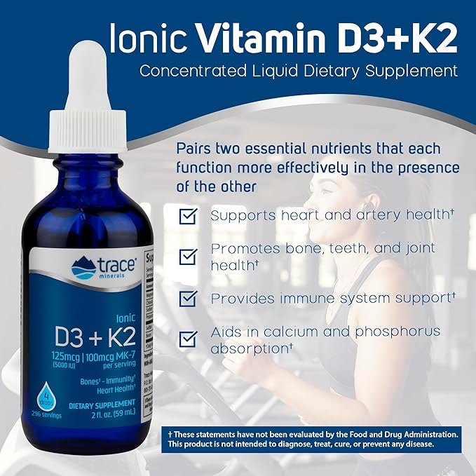 Trace Minerals | Liquid Ionic Vitamin D3 + K2 | 125 mcg (5,000 IU) D3, 100 mcg K2 | Concentrated Dietary Supplement | 2 fl oz. 296 Servings