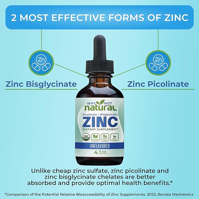 Organic Liquid Zinc Drops Supplement with Zinc Picolinate and Bisglycinate 4 fl, USDA Organic, Gluten-Free, Vegan and GMO-Free (Unflavored)