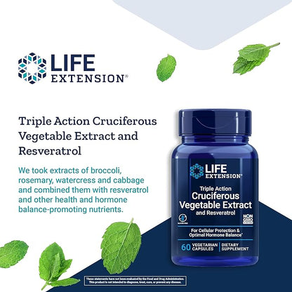 Life Extension Triple Action Cruciferous Vegetable Extract & Resveratrol, Broccoli, Cabbage, resveratrol, Supports Cellular Protection, Gluten-Free, Non-GMO, Vegetarian, 60 Capsules