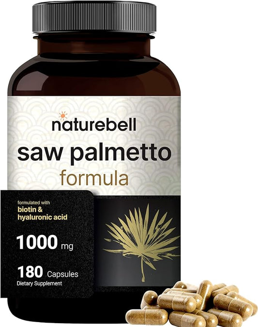 NatureBell Saw Palmetto Supplement 1000mg | 180 Capsules, with Hyaluronic Acid 50mg & Biotin 10,000mcg - Supports Hair Growth & Skin Health for Women and Men, Combats Frequent Bathroom Trips