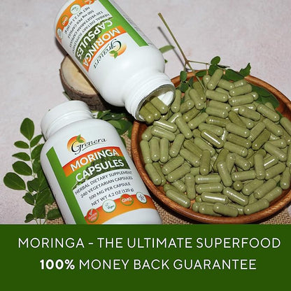 Grenera Pure Moringa Leaf Capsules | Green Super Food Supplement | Made with Organic Grown Moringa Leaf Powder, Malunggay Leaf Powder (240 Capsules)