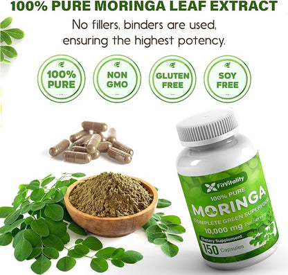 Moringa Capsules| 150 Capsules| Moringa Oleifera| 10,000mg| 100% Pure & Natural| Non-GMO and Gluten Free Supplement | Complete Green Superfood | Moringa Leaf Extract Powder