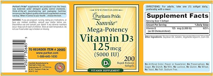 Puritan's Pride Vitamin D3 5,000 IU Bolsters Immunity for Immune System Support and Healthy Bones and Teeth Softgels, Packaging May Vary, Unflavored, 200 Count