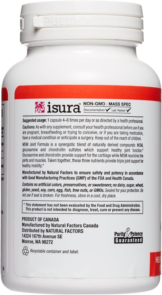 Natural Factors, Joint MSM Formula, Supports Healthy Joint, Muscle and Cartilage with Glucosamine and Chondroitin Sulfate, 90 capsules (90 servings)