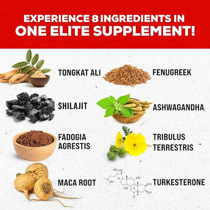 Shilajit 3000mg Tongkat Ali 15,000mg Fadogia Agrestis 1000mg Maca Root 2000mg Ashwagandha 4000mg Fenugreek 1500mg Tribulus Terrestris 500mg Turkesterone 500mg, 8-in-1 Supplement Blend for Men