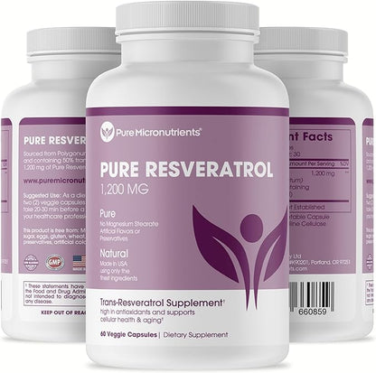 Pure Micronutrients - Pure Resveratrol Supplement - Extra Strength 1200mg Trans-Resveratrol - for Anti Aging, Heart & Immune Health - 60 Vegan Capsules