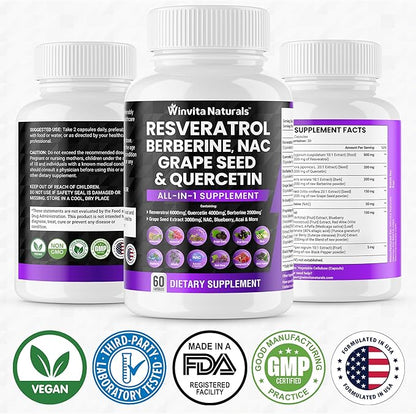 Resveratrol 6000mg Quercetin 4000mg Berberine 2000mg Grape Seed Extract 3000mg - Polyphenols Supplement for Men and Women with N-Acetyl Cysteine (NAC), Acai Berry Extract Vegan Capsules USA