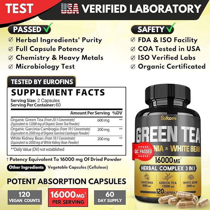 Green Tea Extract Pill EGCG 16000Mg per Serving with 12000Mg Green Tea, 2000Mg Garcinia Cambogia & 2000Mg White Kidney Bean - Support Body Balance, Heart & Immune Health - 120 Capsules 2 Month Supply