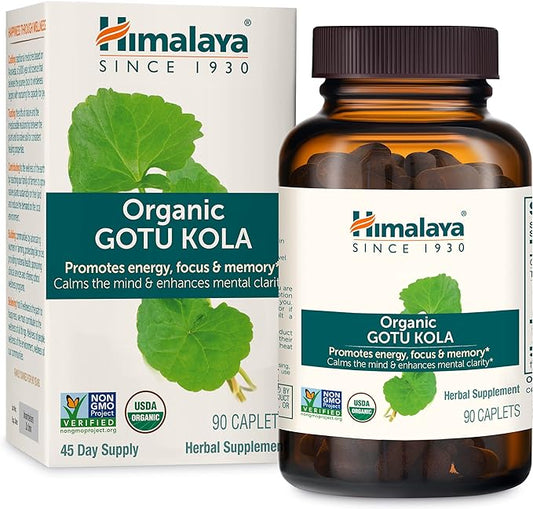 Himalaya Organic Gotu Kola, Herbal Supplement for Energy, Focus, Memory, Alertness, Concentration, Calms The Mind, Cognitive Support, Non-GMO, USDA Organic, 90 Plant-Based Caplets, 45 Day Supply