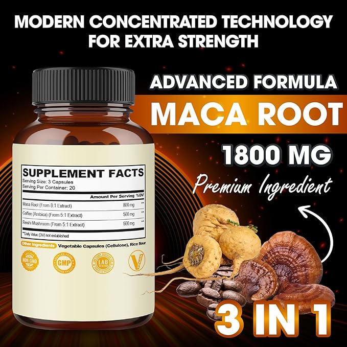 agobi 1800mg Maca Coffee Supplement with Reishi Mushroom - 60 Vegan Capsules - Support for Energy Production, Mood Support, Immune System & Stamina - Gluten-Free, Non-GMO