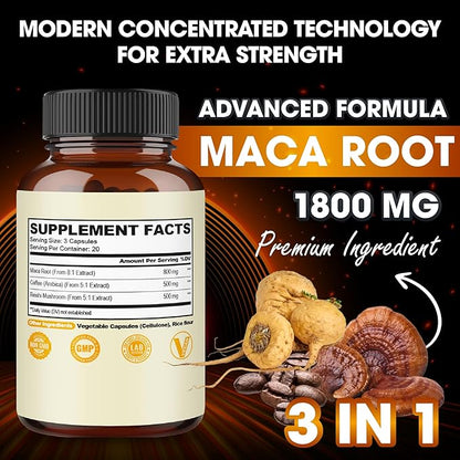 agobi 1800mg Maca Coffee Supplement with Reishi Mushroom - 60 Vegan Capsules - Support for Energy Production, Mood Support, Immune System & Stamina - Gluten-Free, Non-GMO