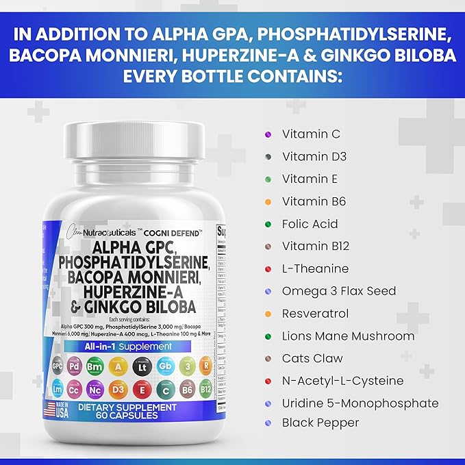 Clean Nutraceuticals Alpha GPC Choline 300mg Phosphatidylserine 3000mg Bacopa Monnieri 6000mg Ginkgo Biloba 2000mg Huperzine A 400mcg Supplement with Urdine Lions Mane Cats Claw NAC Vitamin C B D E