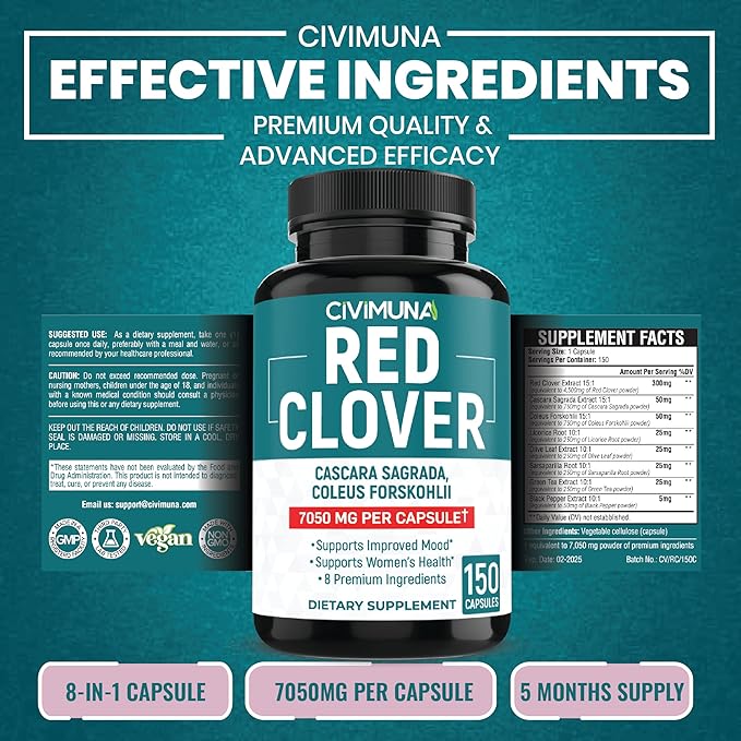 Red Clover Extract Capsules | 7050mg | 150 Capsules - 5 Months Supply | Red Clover, Cascara Sagrada Bark, Coleus Forskohlii.