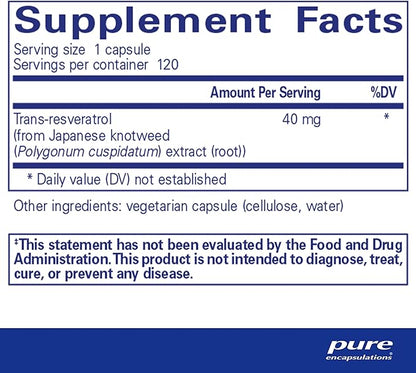 Pure Encapsulations Resveratrol - Cardiovascular, Cellular Health & Memory Support* - 40 mg Trans-Resveratrol - Antioxidants Supplement - Gluten Free & Non-GMO - 120 Capsules