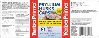 Yerba Prima Psyllium Husks Caps - 180 caps (Pack of 4) - Natural Fiber Supplement - Non-GMO Gluten Free