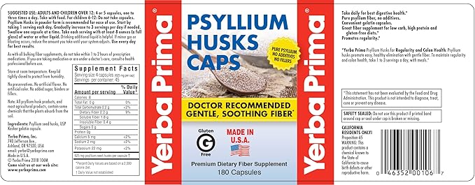 Yerba Prima Psyllium Husk Caps - 180 Capsules (Pack of 2) - Easy to Swallow Fiber Supplement - Colon Cleanse - Gut Health - Non-GMO Gluten Free