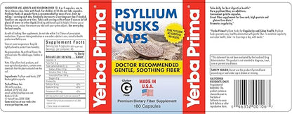 Yerba Prima Psyllium Husk Caps - 180 Capsules (Pack of 2) - Easy to Swallow Fiber Supplement - Colon Cleanse - Gut Health - Non-GMO Gluten Free