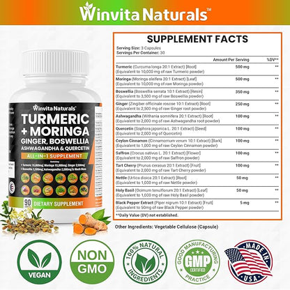 Turmeric Curcumin 10000mg Moringa 10000mg Boswellia 3500mg Ginger 2500mg Saffron 2000mg - Joint Support Supplement for Women and Men with Ceylon Cinnamon, Quercetin, Tart Cherry Vegan Capsules USA