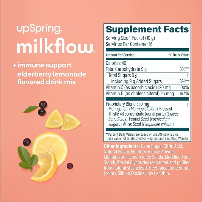 UpSpring Milkflow Immune Support Breastfeeding Supplement Drink Mix Fenugreek-Free, Moringa | Elderberry Lemonade Flavor | Lactation Supplement to Support Breast Milk Supply* | 16 Mixes