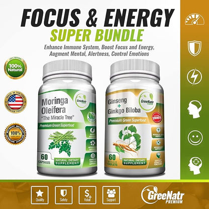 Focus an Energy Bundle Ginseng + Ginkgo Biloba Tablets + Moringa Oleifera Capsules - Traditional Energy Booster and Brain Sharpener - Unique Trio Supplement (2 Bottles)