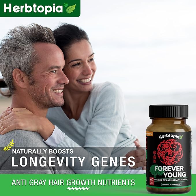 Forever Young Longevity Supplement for Immunity, Anti Gray Hair, Telomere Lengthening & Happy Mood w/Ginseng, Astragalus, Lions Mane, Reishi Mushroom, Codonopsis | Organic - 60 Caps