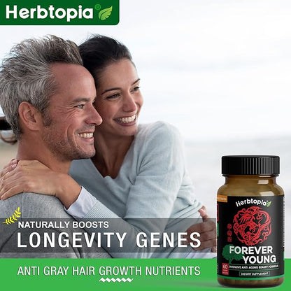 Forever Young Longevity Supplement for Immunity, Anti Gray Hair, Telomere Lengthening & Happy Mood w/Ginseng, Astragalus, Lions Mane, Reishi Mushroom, Codonopsis | Organic - 60 Caps