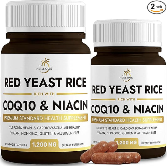 (2 Bottles) Red Yeast Rice 1,200 mg. Capsules Made with CoQ10 and Flush Free Niacin (240 Count) | Non-GMO, Citrinin Free, Gluten Free, Allergen Free & Vegan Friendly.