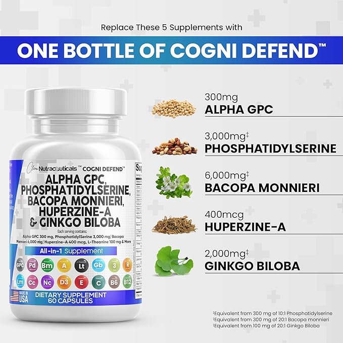 Clean Nutraceuticals Alpha GPC Choline 300mg Phosphatidylserine 3000mg Bacopa Monnieri 6000mg Ginkgo Biloba 2000mg Huperzine A 400mcg Supplement with Urdine Lions Mane Cats Claw NAC Vitamin C B D E