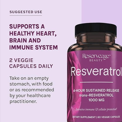 Reserveage Beauty, Resveratrol 1000 mg, Antioxidant Supplement for Heart Health and Immune Support, Supports Healthy Aging and Immune System, Paleo, Keto, 60 Capsules