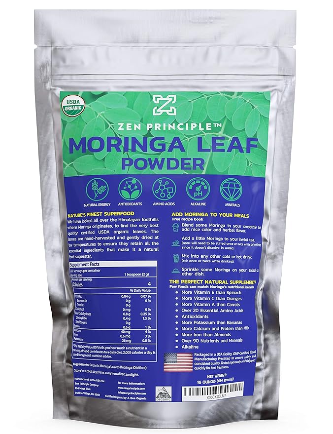 Zen Principle 1 lb. Premium Organic Moringa Oleifera Leaf Powder. 100% USDA Certified. Sun-Dried, All Natural Energy Boost, Raw Superfood and Multi-Vitamin. No GMO, Gluten Free.