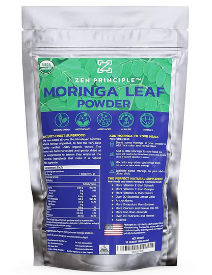 Zen Principle 1 lb. Premium Organic Moringa Oleifera Leaf Powder. 100% USDA Certified. Sun-Dried, All Natural Energy Boost, Raw Superfood and Multi-Vitamin. No GMO, Gluten Free.