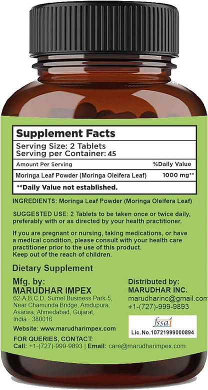 Moringa Leaf Tablets - 90 Tablets, 1000 mg| by mi Nature | 100% Natural Moringa| Antioxidant| Moringa Leaf Powder | Vitamin C |Vegan | from India