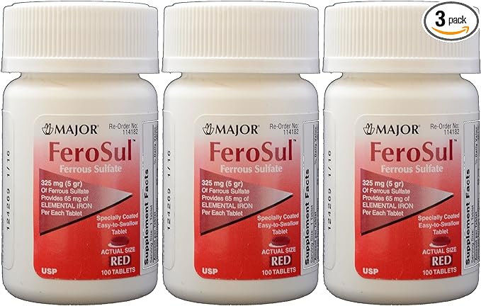 Ferrous Sulfate FC 325mg (5GR) Generic for Feosol Red Tablets 100 Tablets per Bottle 3 Pack Total 300 Tablets