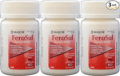 Ferrous Sulfate FC 325mg (5GR) Generic for Feosol Red Tablets 100 Tablets per Bottle 3 Pack Total 300 Tablets